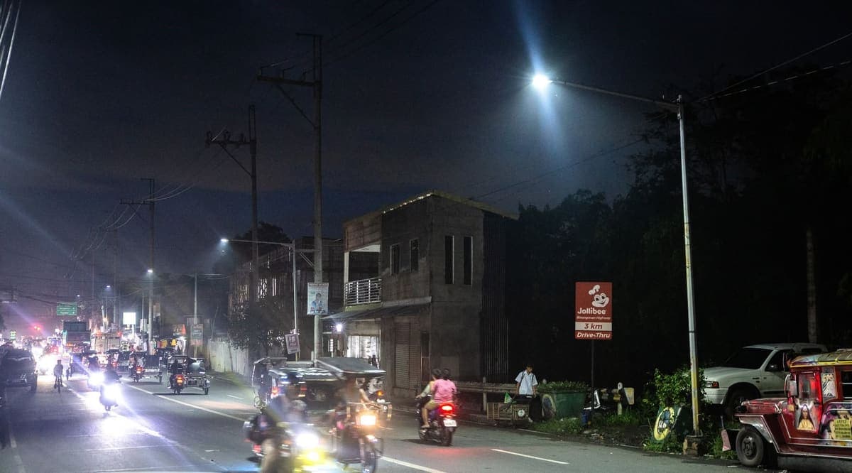 Newly restored streetlights along a national road at night